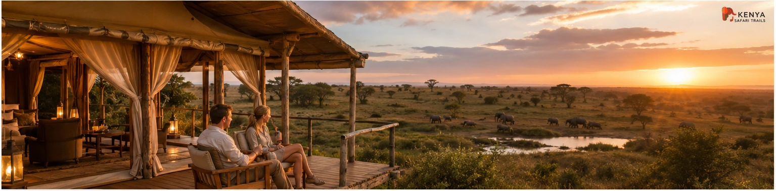 Luxury Kenya safari tented camp in Kenya with tourists overlooking the Masai Mara savannah at sunset